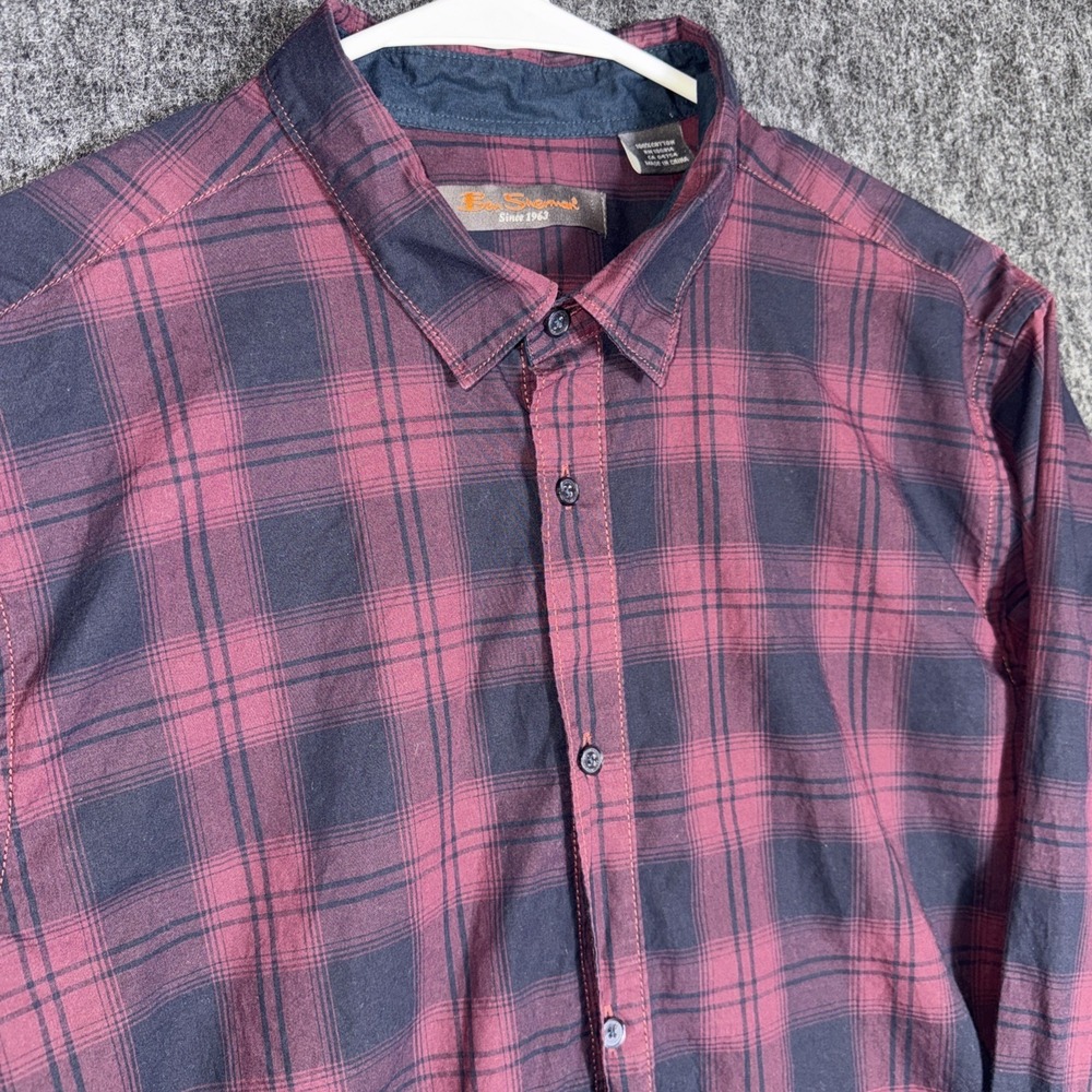 Ben Sherman Mens Plaid Button‎ Down Shirt Red Long Sleeve Cotton L Layering Mod